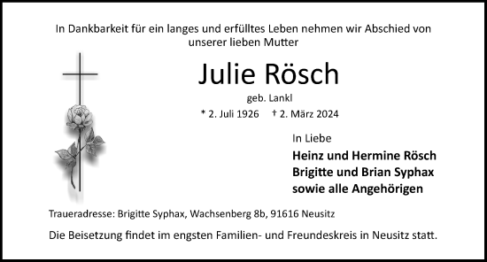 Traueranzeige von Julie Rösch von Rothenburg