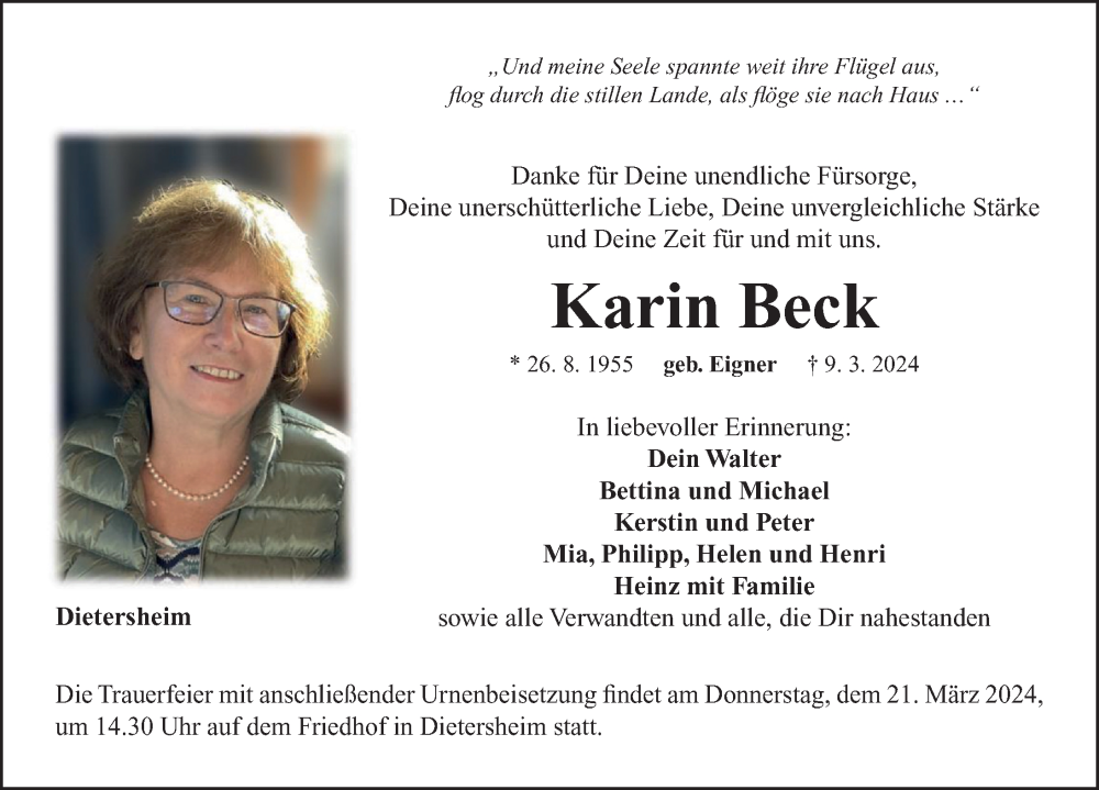  Traueranzeige für Karin Beck vom 16.03.2024 aus Neustadt/ Scheinfeld/ Uffenheim