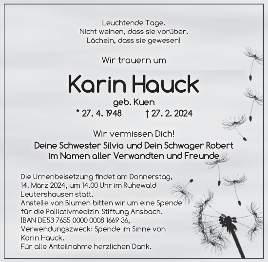 Traueranzeige von Karin Hauck von Ansbach