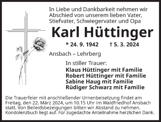 Traueranzeige von Karl Hüttinger von Ansbach
