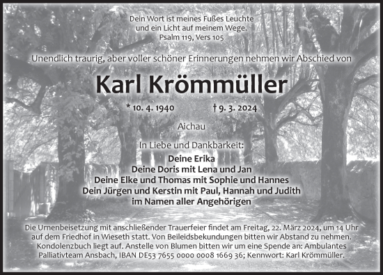 Traueranzeige von Karl Krömüller von Dinkelsbühl/ Feuchtwangen