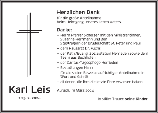 Traueranzeige von Karl Leis von Ansbach