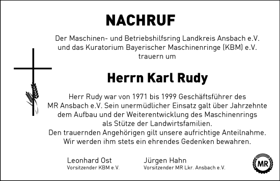 Traueranzeige von Karl Rudy von Ansbach