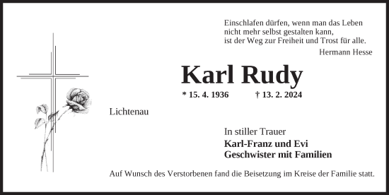 Traueranzeige von Karl Rudy von Ansbach