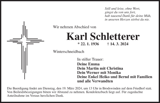 Traueranzeige von Karl Schletterer von Ansbach