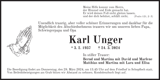 Traueranzeige von Karl Unger von Dinkelsbühl/ Feuchtwangen