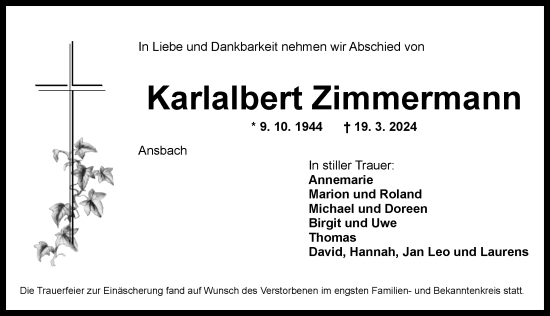 Traueranzeige von Karlalbert Zimmermann von Ansbach