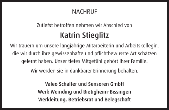 Traueranzeige von Katrin Stieglitz von Dinkelsbühl/ Feuchtwangen