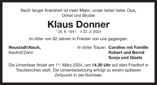 Traueranzeige von Klaus Donner von Neustadt/ Scheinfeld/ Uffenheim