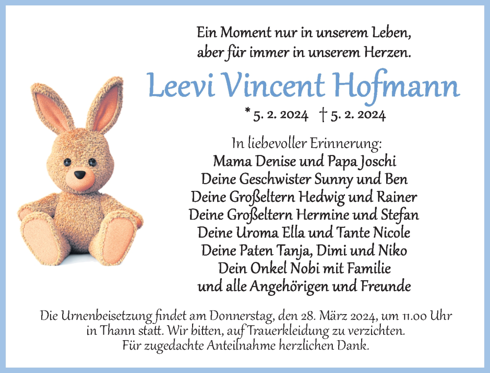  Traueranzeige für Leevi Vincent Hofmann vom 23.03.2024 aus Dinkelsbühl/ Feuchtwangen