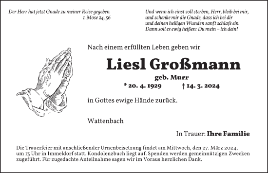 Traueranzeige von Liesl Großmann von Ansbach