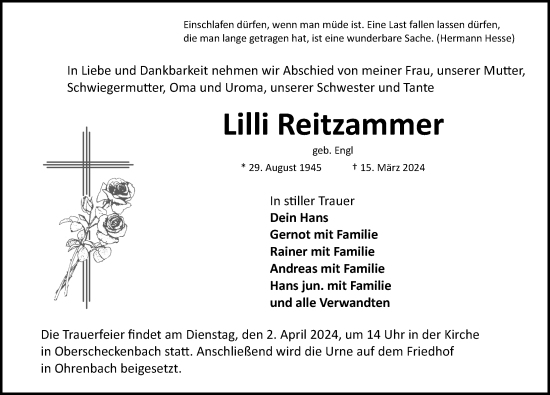 Traueranzeige von Lilli Reitzammer von Rothenburg