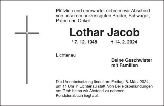 Traueranzeige von Lothar Jacob von Ansbach