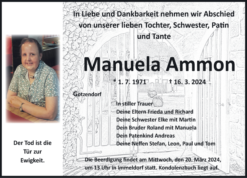  Traueranzeige für Manuela Ammon vom 18.03.2024 aus Ansbach