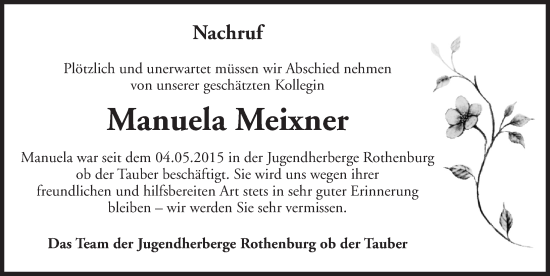 Traueranzeige von Manuela Meixner von Rothenburg