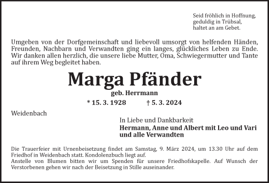 Traueranzeige von Marga Pfänder von Ansbach