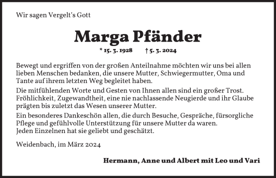 Traueranzeige von Marga Pfänder von Ansbach