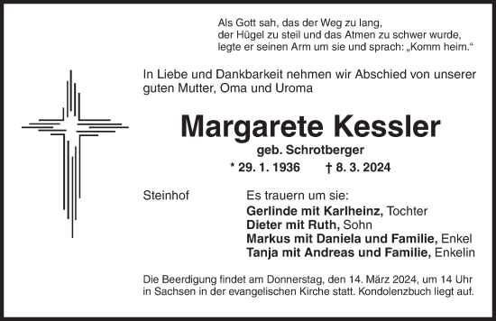 Traueranzeige von Margarete Kessler von Ansbach