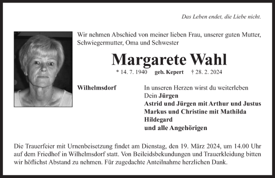 Traueranzeige von Margarete Wahl von Neustadt/ Scheinfeld/ Uffenheim