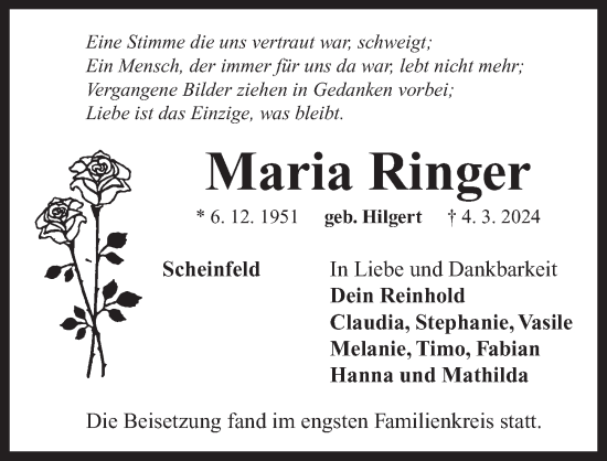 Traueranzeige von Maria Ringer von Neustadt/ Scheinfeld/ Uffenheim