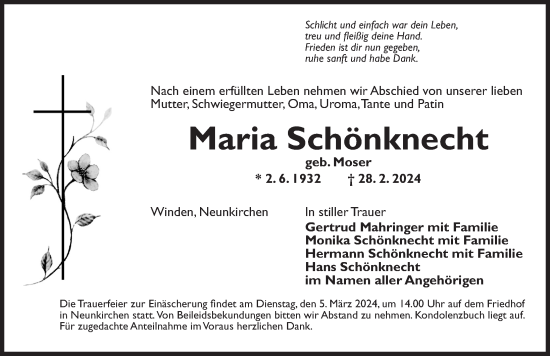 Traueranzeige von Maria Schönknecht von Ansbach