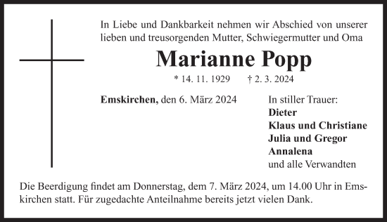 Traueranzeige von Marianne Popp von Neustadt/ Scheinfeld/ Uffenheim