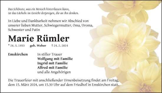 Traueranzeige von Marie Rümler von Neustadt/ Scheinfeld/ Uffenheim