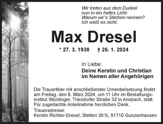 Traueranzeige von Max Dresel von Ansbach