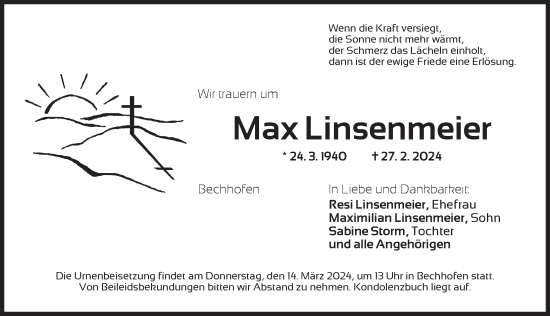 Traueranzeige von Max Linsenmeier von Dinkelsbühl/ Feuchtwangen