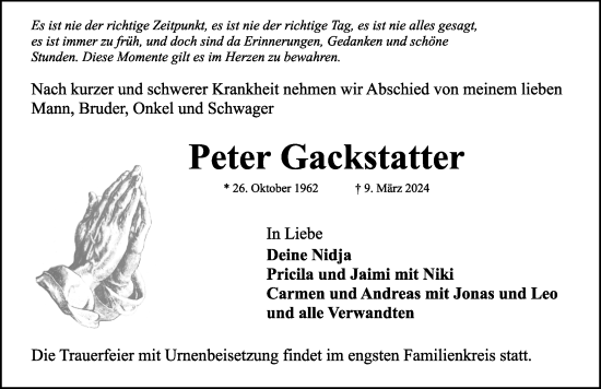 Traueranzeige von Peter Gackstatter von Rothenburg