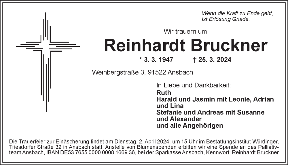  Traueranzeige für Reinhardt Bruckner vom 30.03.2024 aus Ansbach
