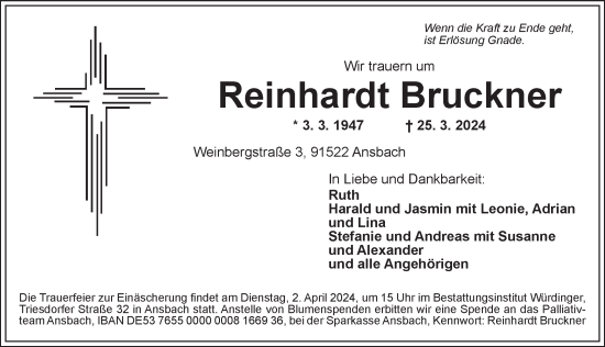 Traueranzeige von Reinhardt Bruckner von Ansbach