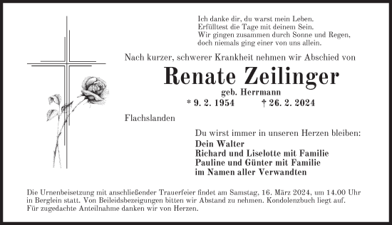 Traueranzeige von Renate Zeilinger von Ansbach