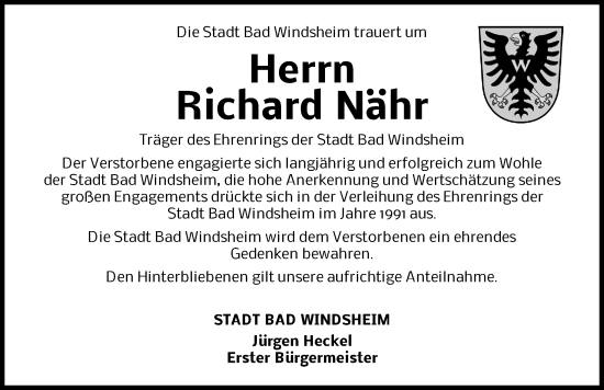 Traueranzeige von Richard Nähr von Neustadt/ Scheinfeld/ Uffenheim