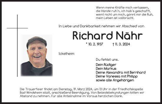 Traueranzeige von Richard Nähr von Neustadt/ Scheinfeld/ Uffenheim