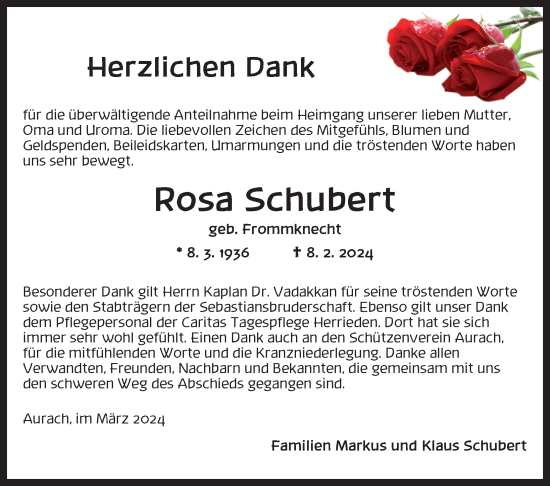 Traueranzeige von Rosa Schubert von Ansbach