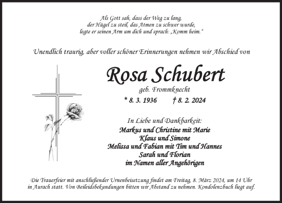 Traueranzeige von Rosa Schubert von Ansbach