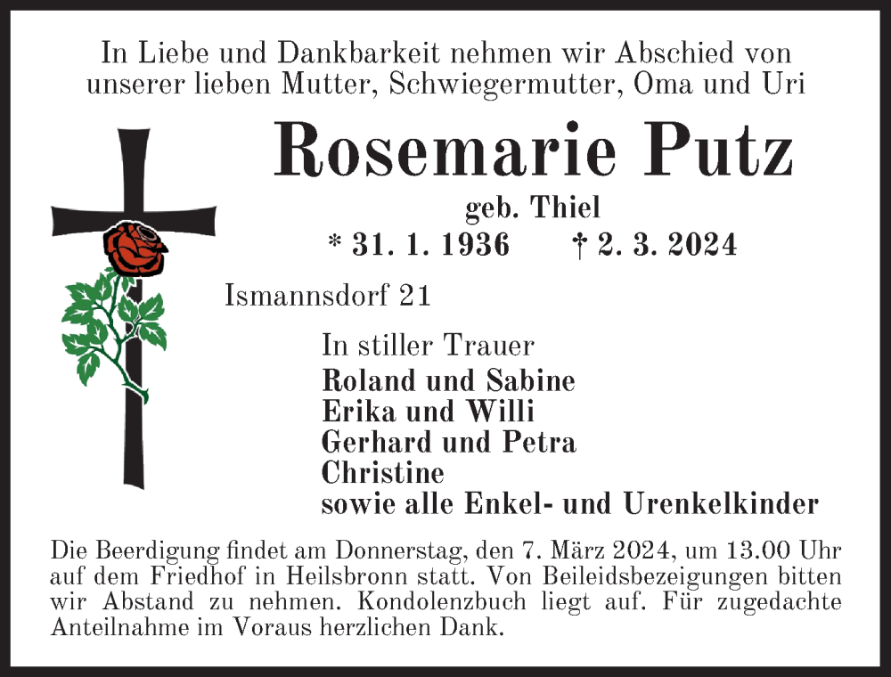  Traueranzeige für Rosemarie Putz vom 06.03.2024 aus Ansbach