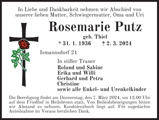 Traueranzeige von Rosemarie Putz von Ansbach