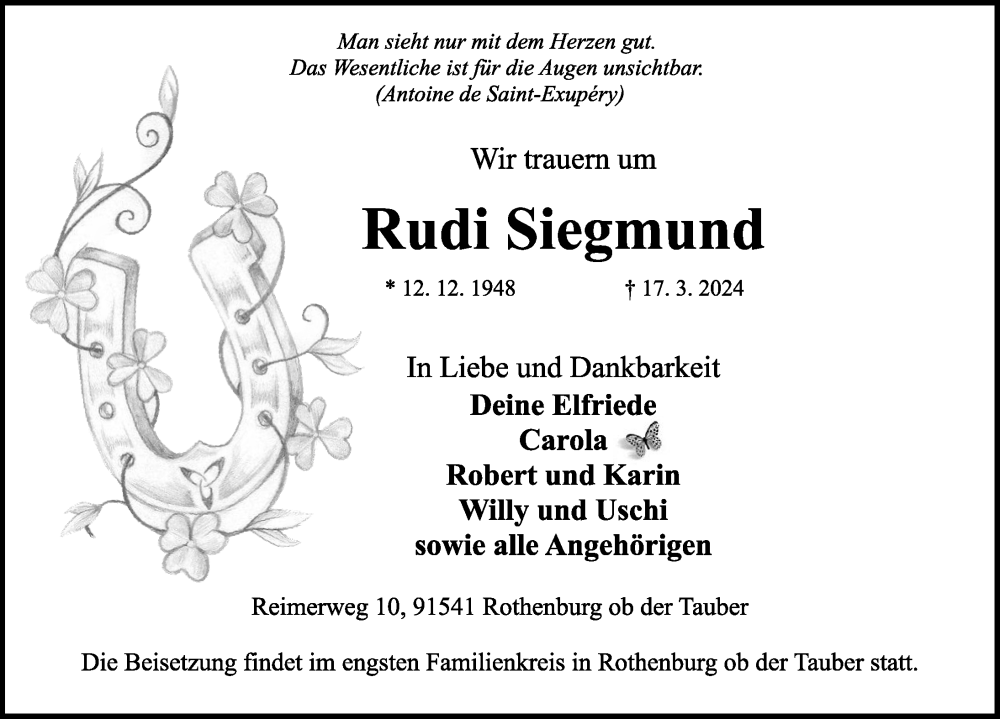  Traueranzeige für Rudi Siegmund vom 20.03.2024 aus Rothenburg