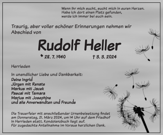 Traueranzeige von Rudolf Heller von GE