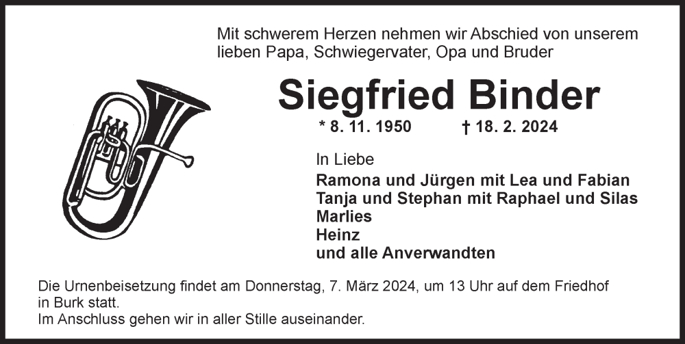  Traueranzeige für Siegfried Binder vom 02.03.2024 aus Dinkelsbühl/ Feuchtwangen