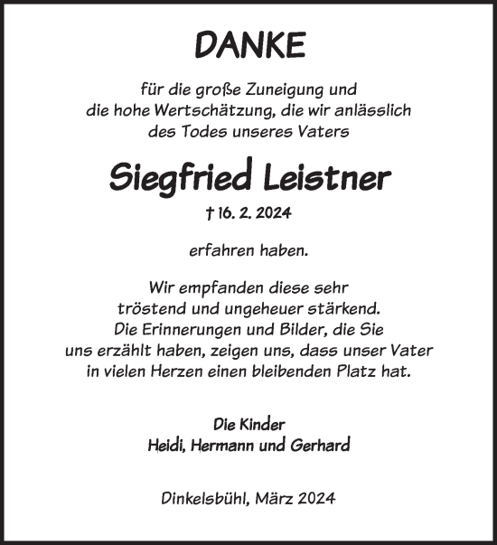 Traueranzeige von Siegfried Leistner von Dinkelsbühl/ Feuchtwangen