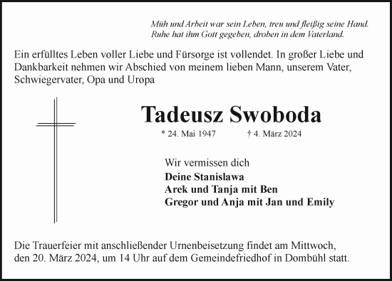 Traueranzeige von Tadeusz Swoboda von Rothenburg