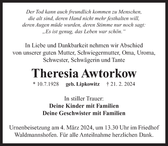 Traueranzeige von Theresia Awtorkow von Neustadt/ Scheinfeld/ Uffenheim