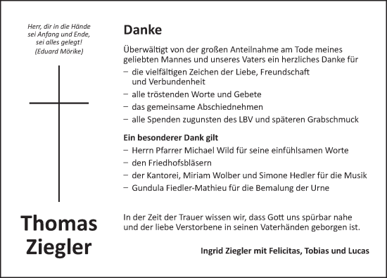 Traueranzeige von Thomas Ziegler von Dinkelsbühl/ Feuchtwangen