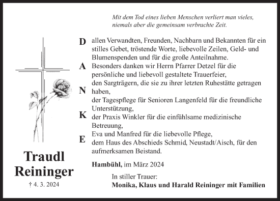 Traueranzeige von Traudl Reininger von Neustadt/ Scheinfeld/ Uffenheim