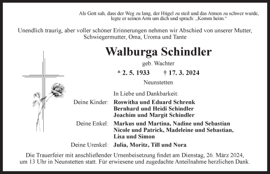 Traueranzeige von Walburga Schindler von Ansbach