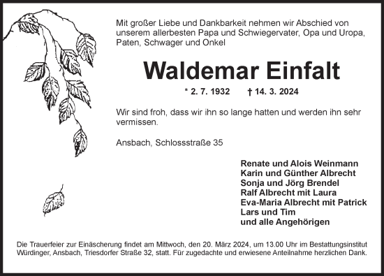 Traueranzeige von Waldemar Einfalt von Ansbach