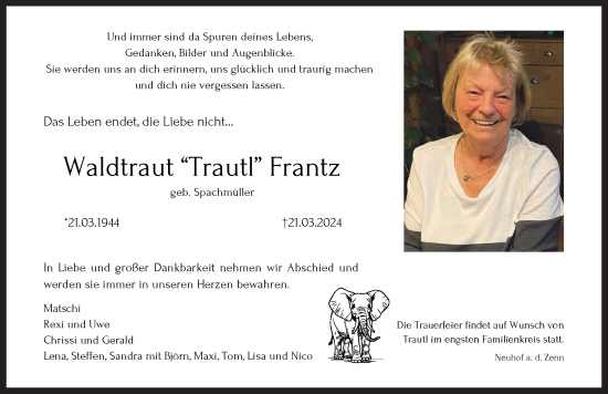 Traueranzeige von Waldtraut  Frantz von Neustadt/ Scheinfeld/ Uffenheim